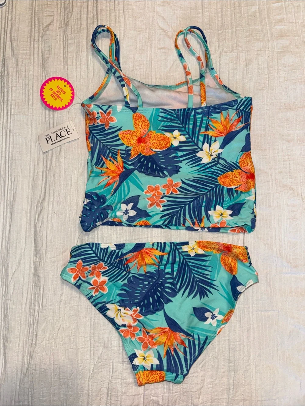 The Children's Place Turquoise Floral Tankini Swim Set with Orange Accents